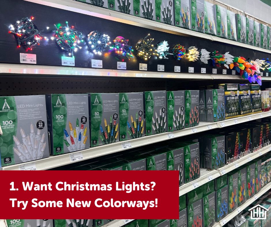 Shelf of holiday light colorways including warm white, multicolor, and themed LEDs